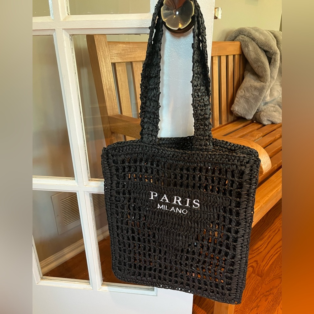 Black raffia PARIS tote. NWOT